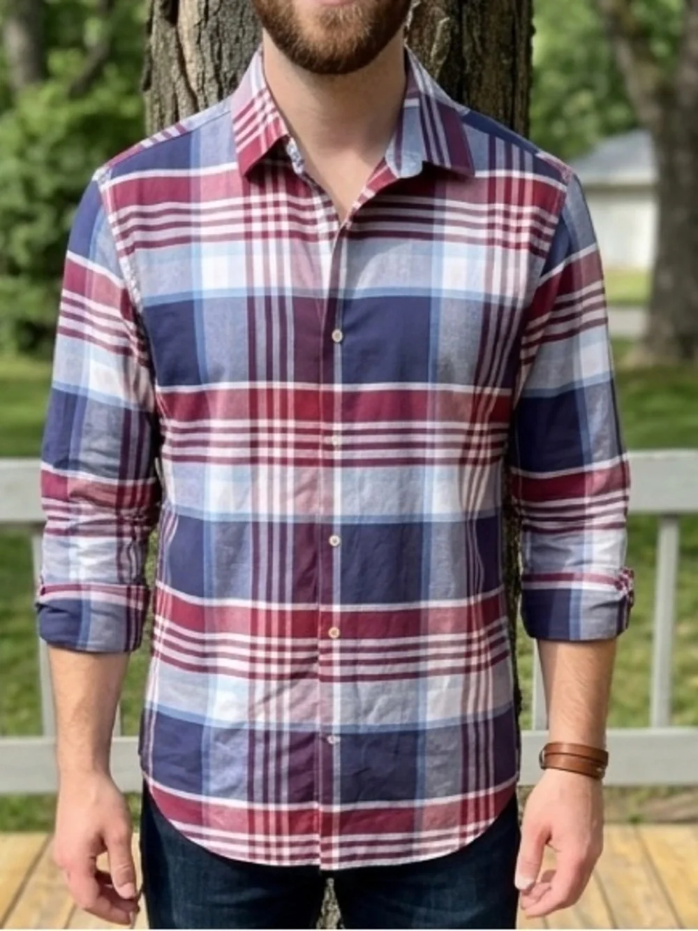 Banana Republic non iron Grant Fit Plaid Button-Down Shirt - Red & Blue XL